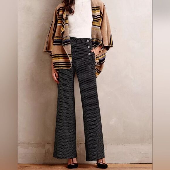 Elevenses Anthropologie Kingsland Wide Leg Pants Black White Dot Sailor Size 2 - Picture 1 of 14
